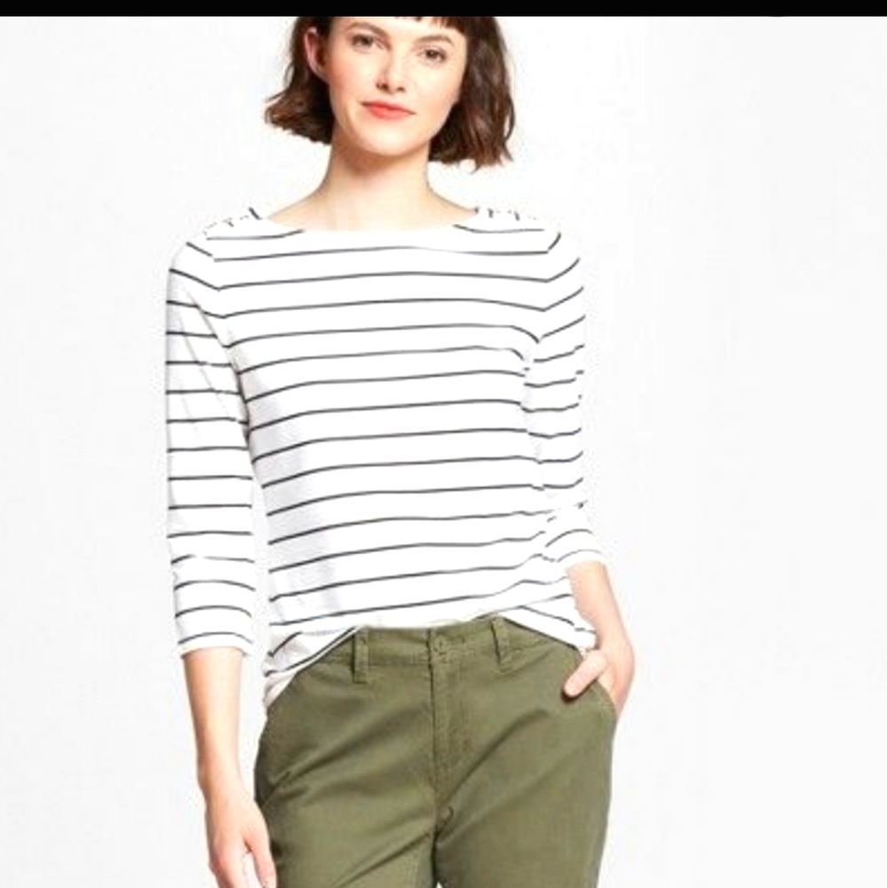 Stripped, boat neck, three quarter length sleeve